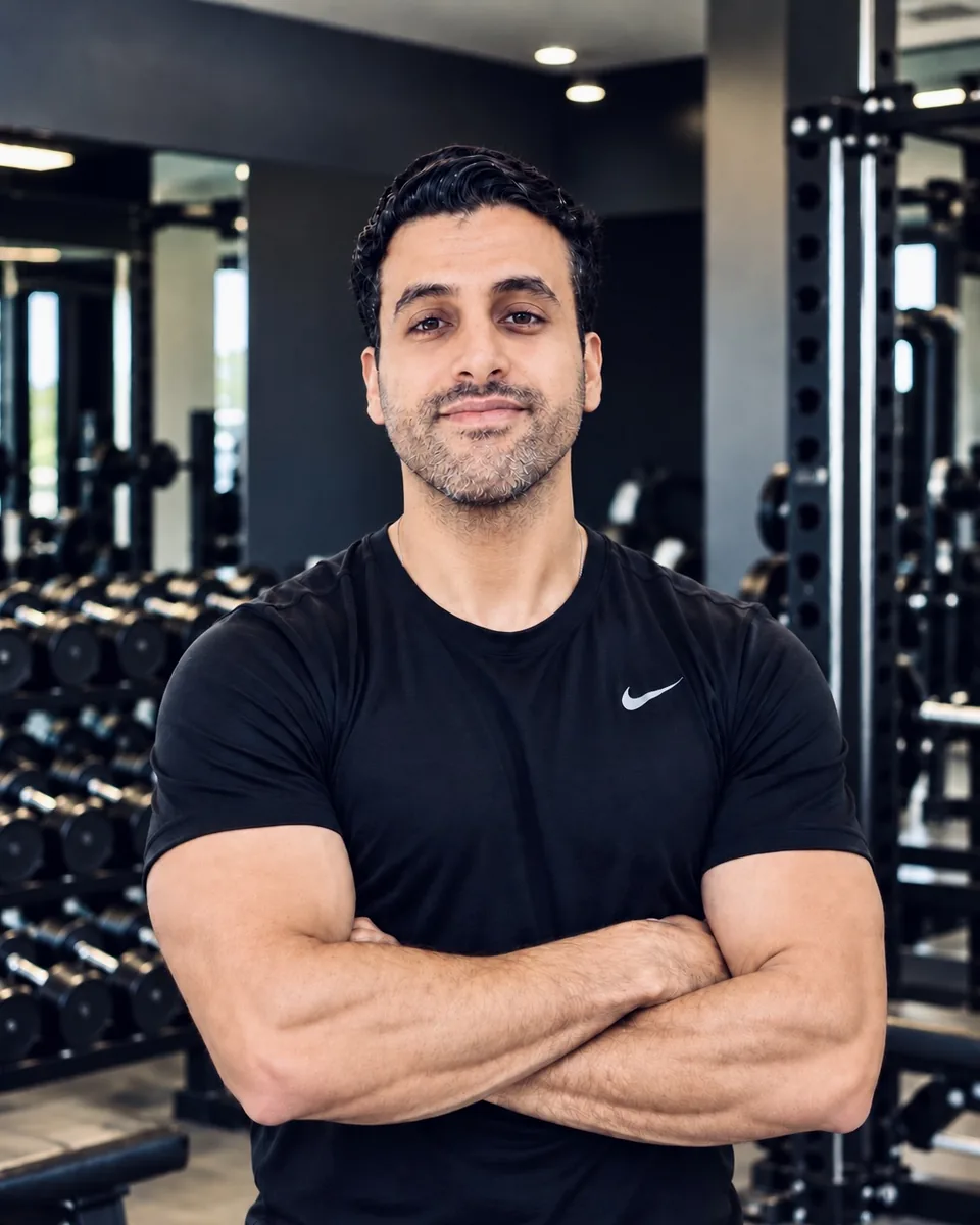 Le coach PRIME Coaching, bras croisés, dans sa salle de musculation